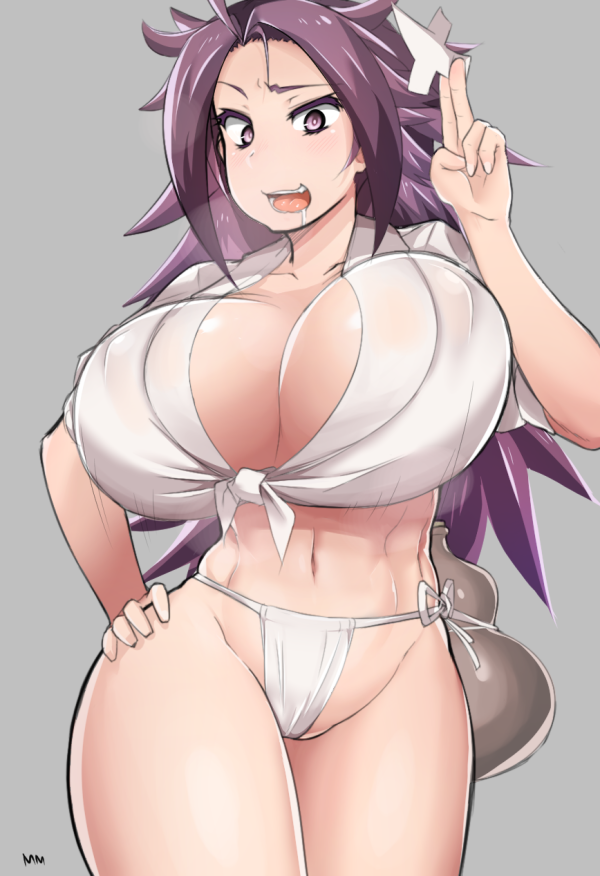 bouncing_breasts breasts covered_nipples cowboy_shot curvy drooling front-tie_top fundoshi ground hand_on_hip hips huge_breasts japanese_clothes jun'you_(kantai_collection) kantai_collection long_hair mm_(yoromu) navel open_mouth purple_eyes purple_hair shikigami solo spiked_hair thick_thighs thighs