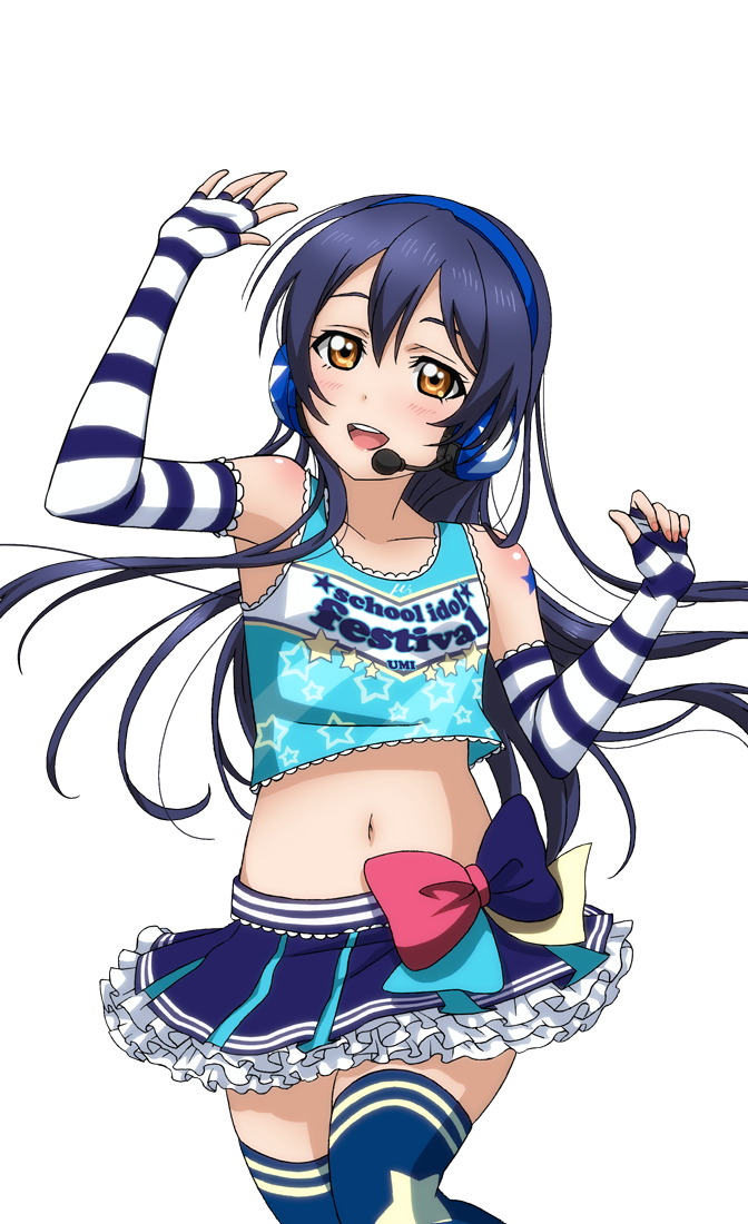 artist_request bangs bare_shoulders blue_hair blue_skirt blush bow breasts brown_eyes character_name cheerleader collarbone copyright_name elbow_gloves fingerless_gloves frills gloves headset long_hair looking_at_viewer love_live! love_live!_school_idol_festival love_live!_school_idol_festival_after_school_activity love_live!_school_idol_project midriff navel official_art open_mouth skirt small_breasts smile solo sonoda_umi star striped takaramonozu thighhighs transparent_background