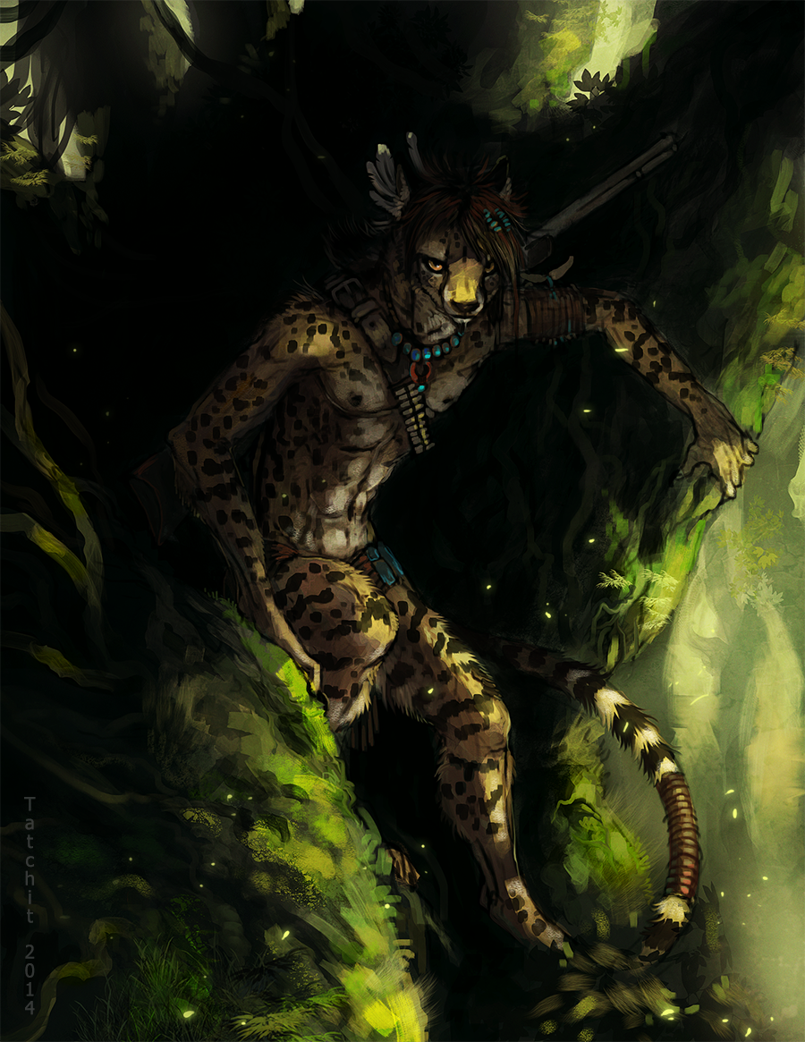anthro black_nose blakc_hair cheetah clothed clothing detailed_background digitigrade feline fur male mammal solo spots spotted_fur tatchit topless yellow_eyes yellow_fur