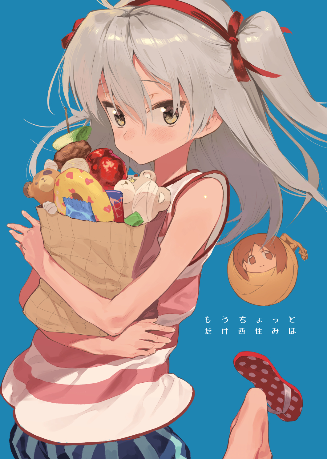 bag bangs blue_background blush boko_(girls_und_panzer) brown_eyes casual chomoran closed_mouth commentary_request cover cover_page doujin_cover food girls_und_panzer grocery_bag hair_ribbon highres holding light_brown_hair long_hair looking_at_viewer nishizumi_miho pink_shirt red_ribbon ribbon sandals shimada_arisu shirt shopping_bag side_ponytail solo standing standing_on_one_leg striped striped_shirt stuffed_animal stuffed_toy tank_top teddy_bear translation_request upper_body