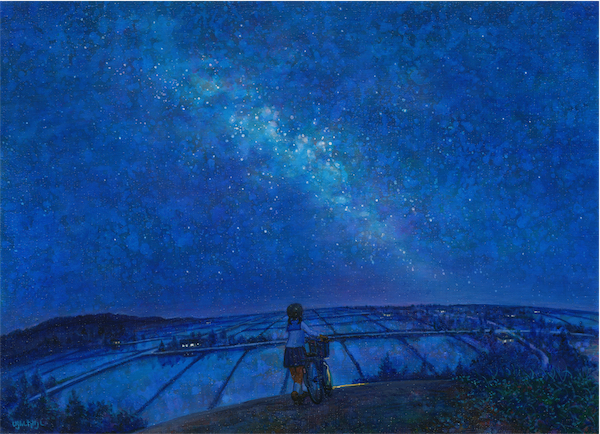 bicycle bicycle_basket black_hair fisheye from_behind ground_vehicle hill house kneehighs landscape looking_up milky_way night night_sky original outdoors pleated_skirt pushing_bicycle rice_paddy scenery school_uniform shiraishi_takashi short_hair skirt sky solo standing star_(sky) starry_sky tree twintails very_wide_shot white_legwear wide_shot