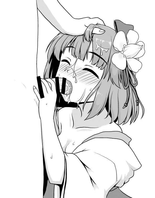 1girl bangs bar_censor blush breasts censored cleavage closed_eyes cum cum_on_hair eyebrows_visible_through_hair facial fellatio flower greyscale hair_flower hair_ornament hand_on_another's_head hetero hieda_no_akyuu isaki_(gomi) monochrome nose_blush oral penis short_hair short_sleeves simple_background small_breasts solo_focus sweat touhou white_background
