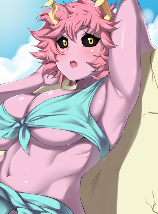 1girl arm_up armpits bikini blush boku_no_hero_academia breasts character_request cleavage large_breasts looking_at_viewer navel open_mouth pink_hair solo swimsuit tagme underboob yellow_eyes