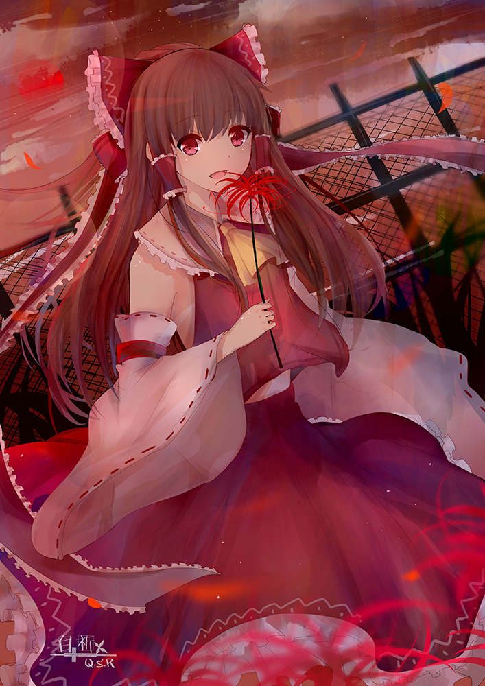 :d bai_qi-qsr bow brown_hair detached_sleeves eyebrows_visible_through_hair flower hair_bow hakurei_reimu holding holding_flower long_hair long_skirt looking_at_viewer night open_mouth outdoors red_bow red_eyes red_flower red_shirt red_skirt ribbon-trimmed_sleeves ribbon_trim shirt signature skirt smile solo touhou very_long_hair
