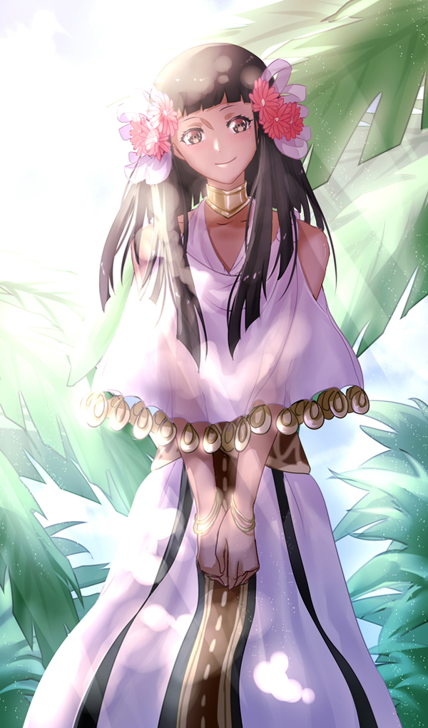 bare_shoulders bracelet brown_eyes brown_hair dark_skin fate/prototype fate/prototype:_fragments_of_blue_and_silver fate_(series) flower hair_flower hair_ornament jewelry leaf long_hair mitsuki_hana necklace nefertari_(fate/prototype_fragments) solo upper_body