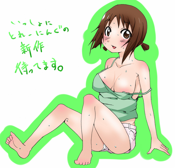 1girl blush breasts brown_eyes brown_hair hinako_(issho_ni_training) issho_ni_training large_breasts looking_at_viewer no_bra open_mouth short_hair short_shorts short_twintails shorts sitting solo sweat tank_top text translation_request twintails