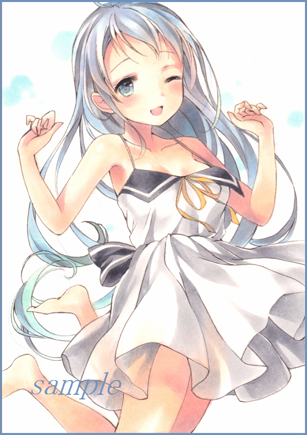 ;d armpits bare_arms bare_legs bare_shoulders barefoot blue_border blue_eyes blue_hair border collarbone colored_pencil_(medium) dress folded_leg hands_up jumping kantai_collection long_hair looking_at_viewer marker_(medium) one_eye_closed open_mouth potto ribbon samidare_(kantai_collection) sample simple_background sleeveless sleeveless_dress smile solo traditional_media white_background white_dress yellow_ribbon