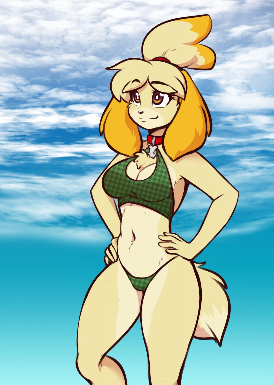 animal_crossing anthro breasts brown_eyes canine clothed clothing collar day dog female fur hair isabelle_(animal_crossing) mammal midriff navel nintendo outside scorpdk sky smile solo video_games wide_hips