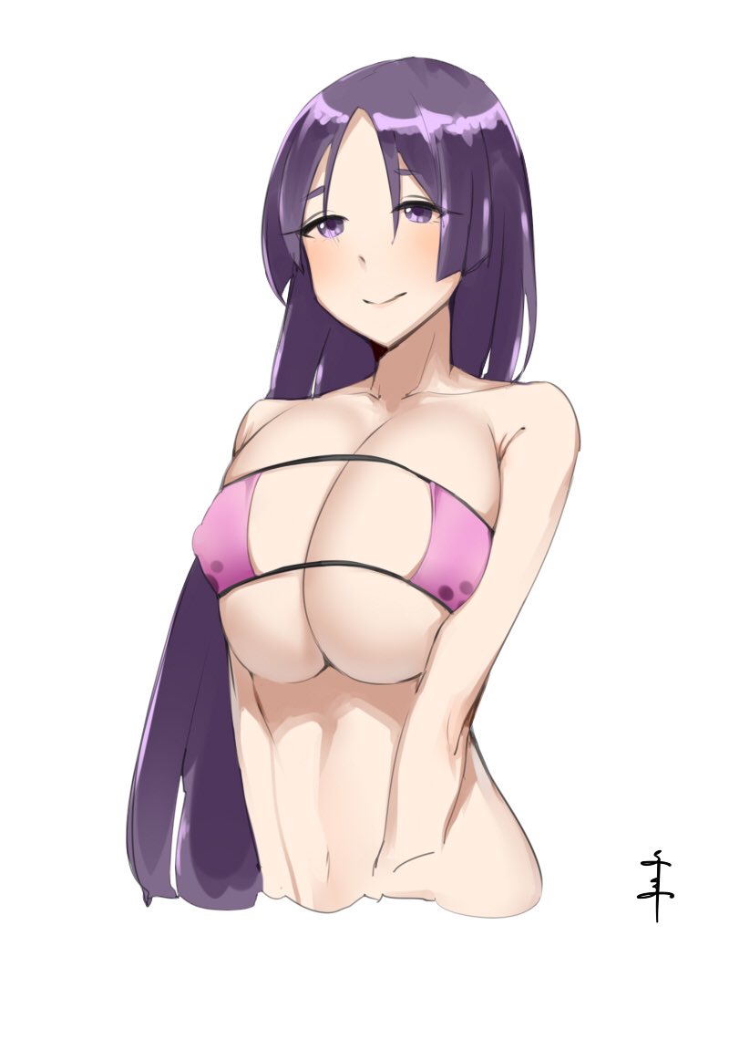 bangs bare_arms bare_shoulders bikini blush breasts cleavage collarbone covered_nipples cropped_torso eyepatch_bikini fate/grand_order fate_(series) huge_breasts large_breasts long_hair looking_away minamoto_no_raikou_(fate/grand_order) minamoto_no_raikou_(swimsuit_lancer)_(fate) navel parted_bangs purple_bikini purple_eyes purple_hair senju_(snz0) signature simple_background smile solo standing stomach strap_gap strapless strapless_bikini string_bikini swimsuit underboob upper_body v_arms very_long_hair white_background