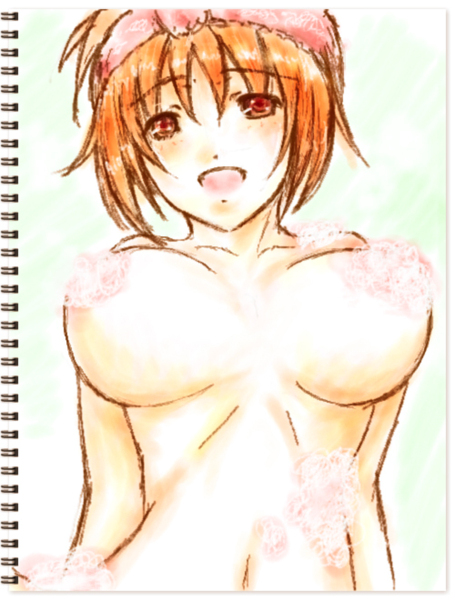 1girl breasts brown_eyes brown_hair convenient_censoring hinako_(issho_ni_training) issho_ni_training large_breasts looking_at_viewer navel nipple_censor nude open_mouth short_hair soap soap_censor solo