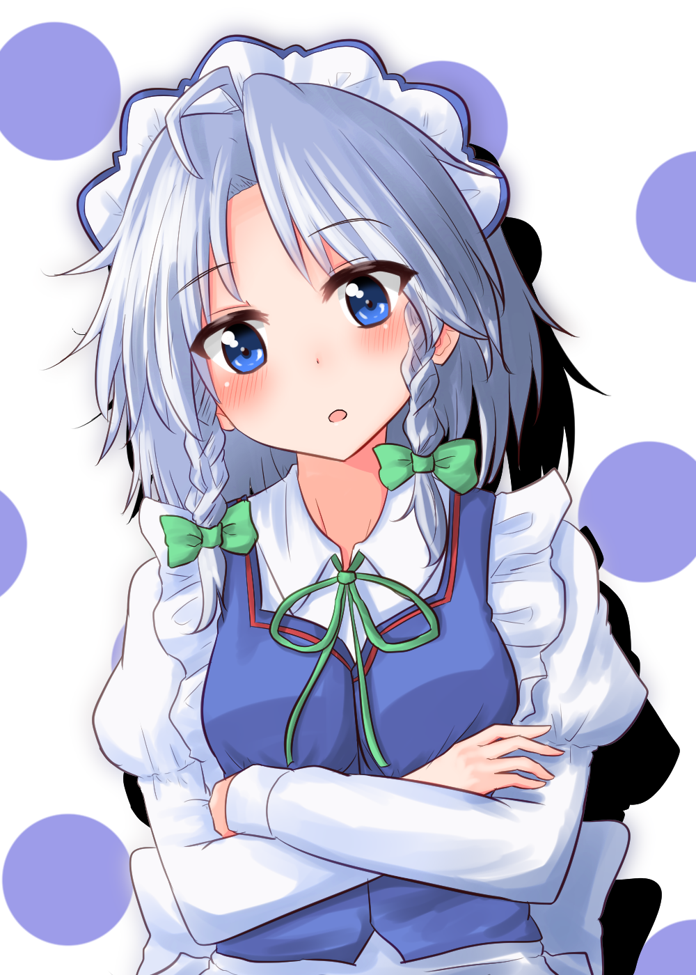 :o blue_dress blue_eyes blush bow braid commentary_request crossed_arms dress green_bow hair_bow head_tilt highres izayoi_sakuya juliet_sleeves long_sleeves looking_at_viewer maid maid_headdress neck_ribbon oshiaki puffy_sleeves ribbon silver_hair solo touhou twin_braids upper_body