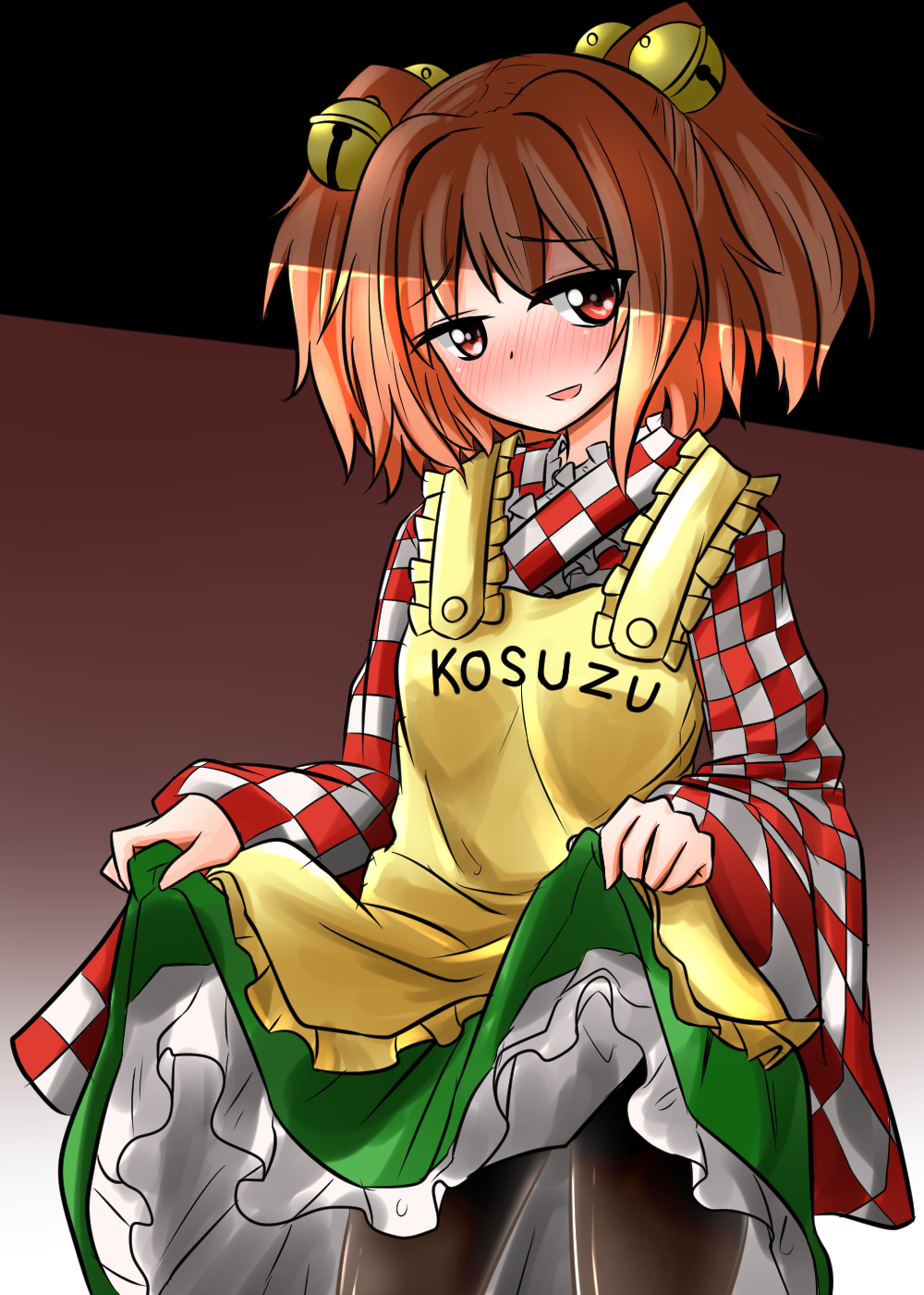 apron bangs bell black_legwear blush character_name checkered checkered_kimono clothes_writing commentary_request cowboy_shot green_skirt hair_bell hair_ornament highres japanese_clothes jingle_bell kimono lifted_by_self long_sleeves looking_at_viewer motoori_kosuzu nose_blush oshiaki pantyhose parted_lips petticoat red_eyes red_hair skirt skirt_lift smile solo touhou two_side_up wide_sleeves