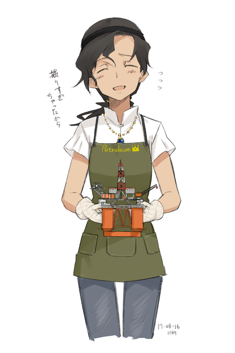 :d apron artist_name blush character_request collared_shirt commentary_request copyright_request cropped_legs dated english facing_viewer flying_sweatdrops gloves head_tilt holding jewelry kawashina_(momen_silicon) long_hair low_ponytail necklace number oil_rig open_mouth pants shirt short_sleeves smile solo standing translation_request white_background white_shirt