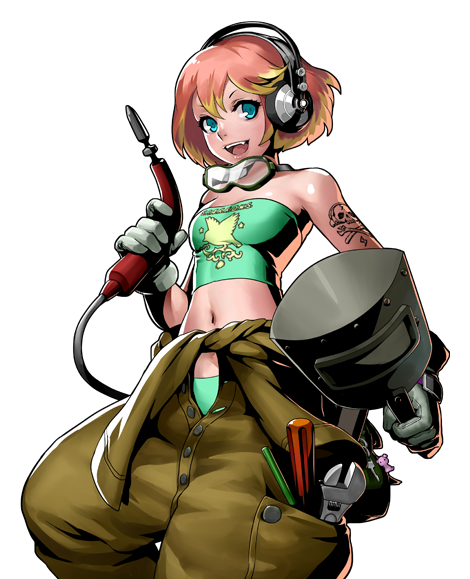 gloves goggles goggles_around_neck headphones jumpsuit jumpsuit_pull metal_slug metal_slug_attack midori_(metal_slug) midriff official_art orange_hair short_hair skull_tattoo strapless tattoo tools transparent_background tubetop welding_mask welding_torch