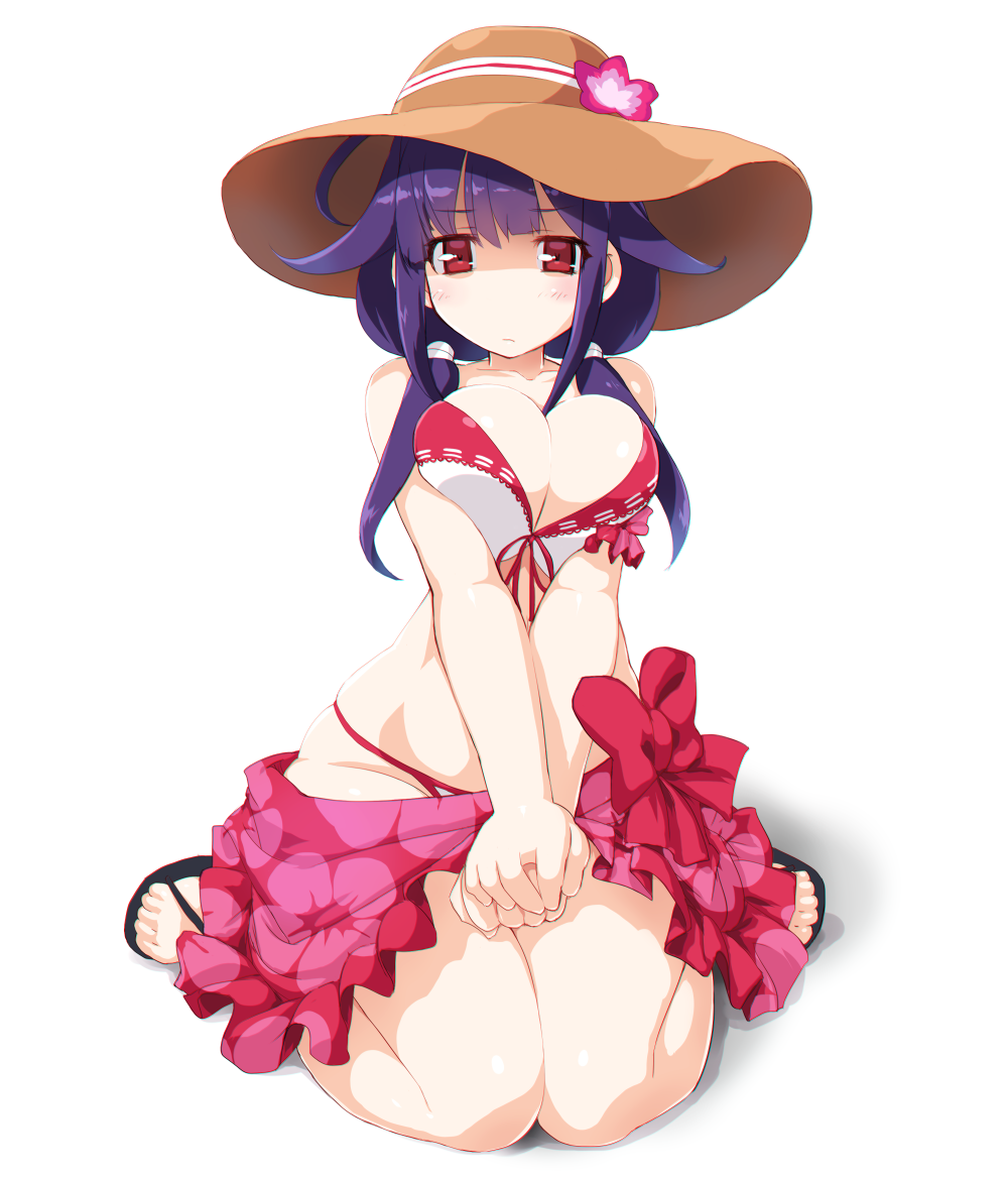 ahoge bikini blush breasts cleavage dd_(ijigendd) flower hair_flaps hair_flower hair_ornament hat kantai_collection large_breasts long_hair looking_at_viewer low_twintails navel purple_hair red_eyes sarong simple_background sitting solo sun_hat swimsuit taigei_(kantai_collection) twintails v_arms wariza white_background