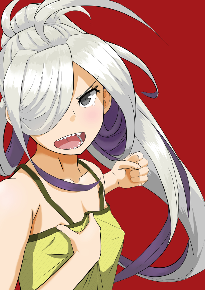 asashimo_(kantai_collection) bare_shoulders black_eyes blush camisole clenched_hand collarbone commentary_request flat_chest green_shirt hair_over_one_eye high_ponytail ichinose_rokujou kantai_collection long_hair looking_at_viewer multicolored_hair open_mouth purple_hair red_background sharp_teeth shirt shirt_grab silver_hair simple_background sleeveless sleeveless_shirt solo tears teeth two-tone_hair upper_body very_long_hair