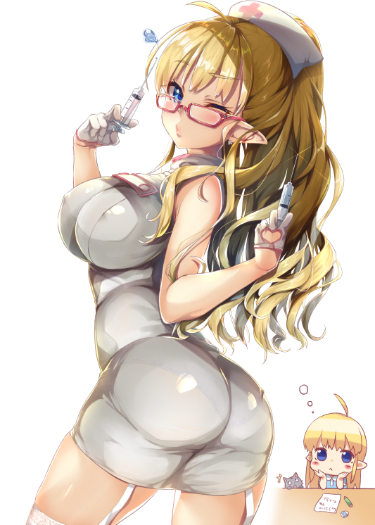 1girl ahoge ass bare_shoulders blonde_hair blue_eyes blush breasts dreaming elf erect_nipples garter_straps glasses hat large_breasts long_hair looking_at_viewer nurse nurse_cap original pointy_ears ponytail satou_(kuso-neet) shiny shiny_clothes shiny_hair shiny_skin smile solo syringe thighhighs