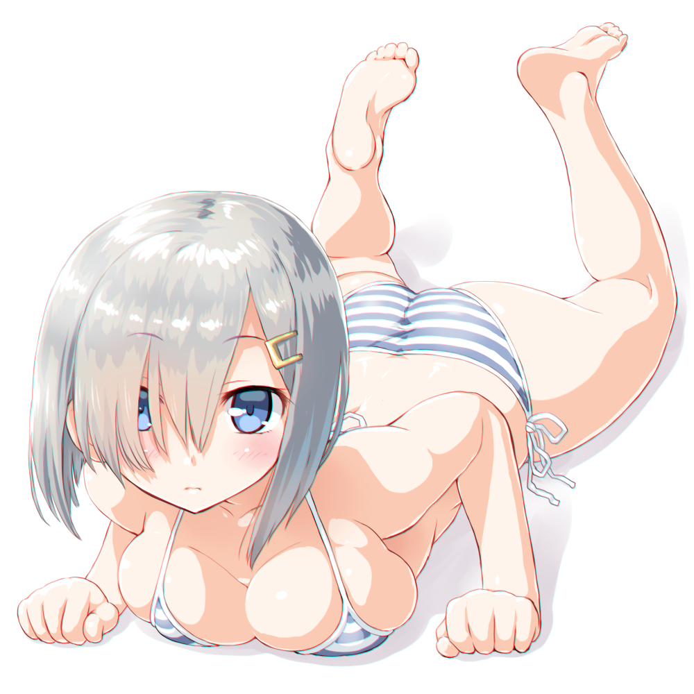 ass bare_legs barefoot bikini blue_eyes breast_press breasts cleavage closed_mouth dd_(ijigendd) eyebrows_visible_through_hair hair_ornament hair_over_one_eye hairclip hamakaze_(kantai_collection) kantai_collection large_breasts looking_at_viewer lying on_stomach side-tie_bikini silver_hair simple_background solo striped striped_bikini swimsuit white_background