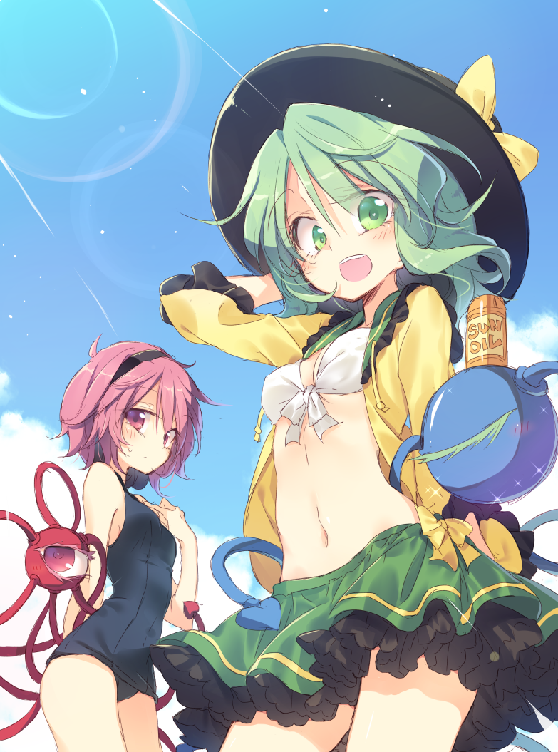 bare_arms black_hat blue_sky bow commentary_request cowboy_shot day eyelashes frilled_skirt frills green_eyes green_hair green_skirt hairband hat hat_bow komeiji_koishi komeiji_satori long_sleeves looking_at_viewer miniskirt multiple_girls navel one-piece_swimsuit open_mouth outdoors pink_eyes pink_hair satou_kibi school_swimsuit siblings sisters skirt sky smile stomach sunlight swimsuit third_eye touhou white_bikini_top yellow_bow