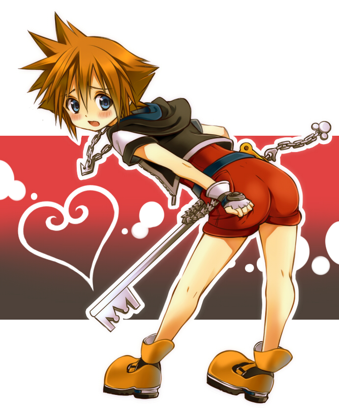ass blue_eyes blush brown_hair fingerless_gloves full_body gloves janne1230 jewelry keyblade kingdom_hearts male_focus necklace shoes solo sora_(kingdom_hearts)
