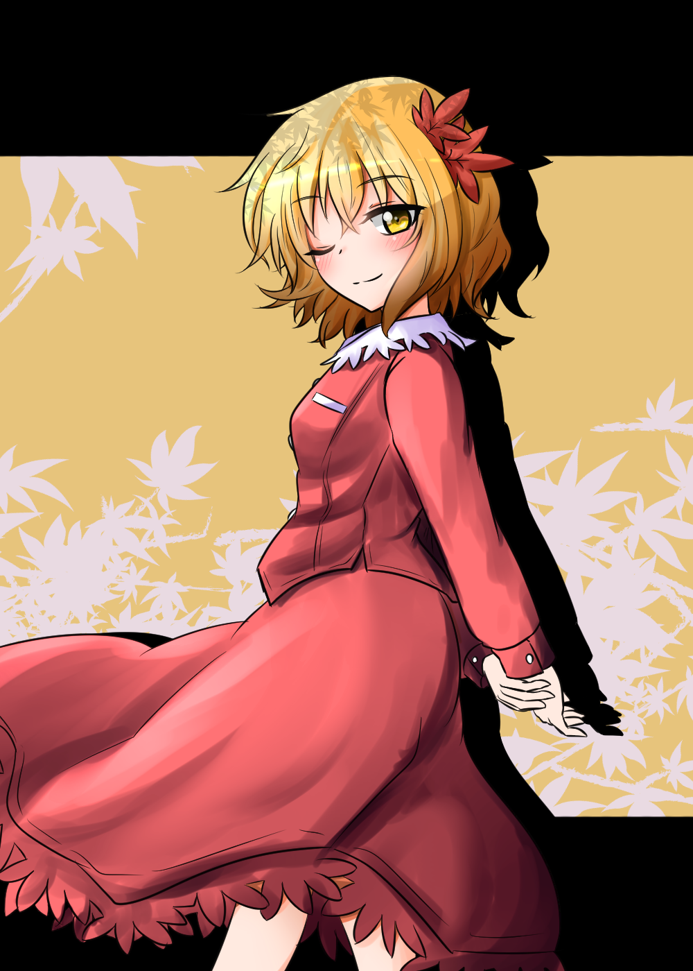 ;) aki_shizuha arms_behind_back bangs blonde_hair blush breasts commentary_request from_side hair_ornament highres leaf_hair_ornament long_sleeves looking_at_viewer looking_to_the_side one_eye_closed oshiaki red_shirt red_skirt shirt short_hair skirt skirt_set small_breasts smile solo touhou yellow_eyes