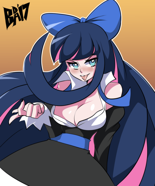 1girl bigdead93 black_hair blue_eyes blush breasts cleavage hair_ribbon large_breasts long_hair looking_at_viewer panty_&amp;_stocking_with_garterbelt pink_hair solo stocking_(psg) tagme tongue tongue_out very_long_hair