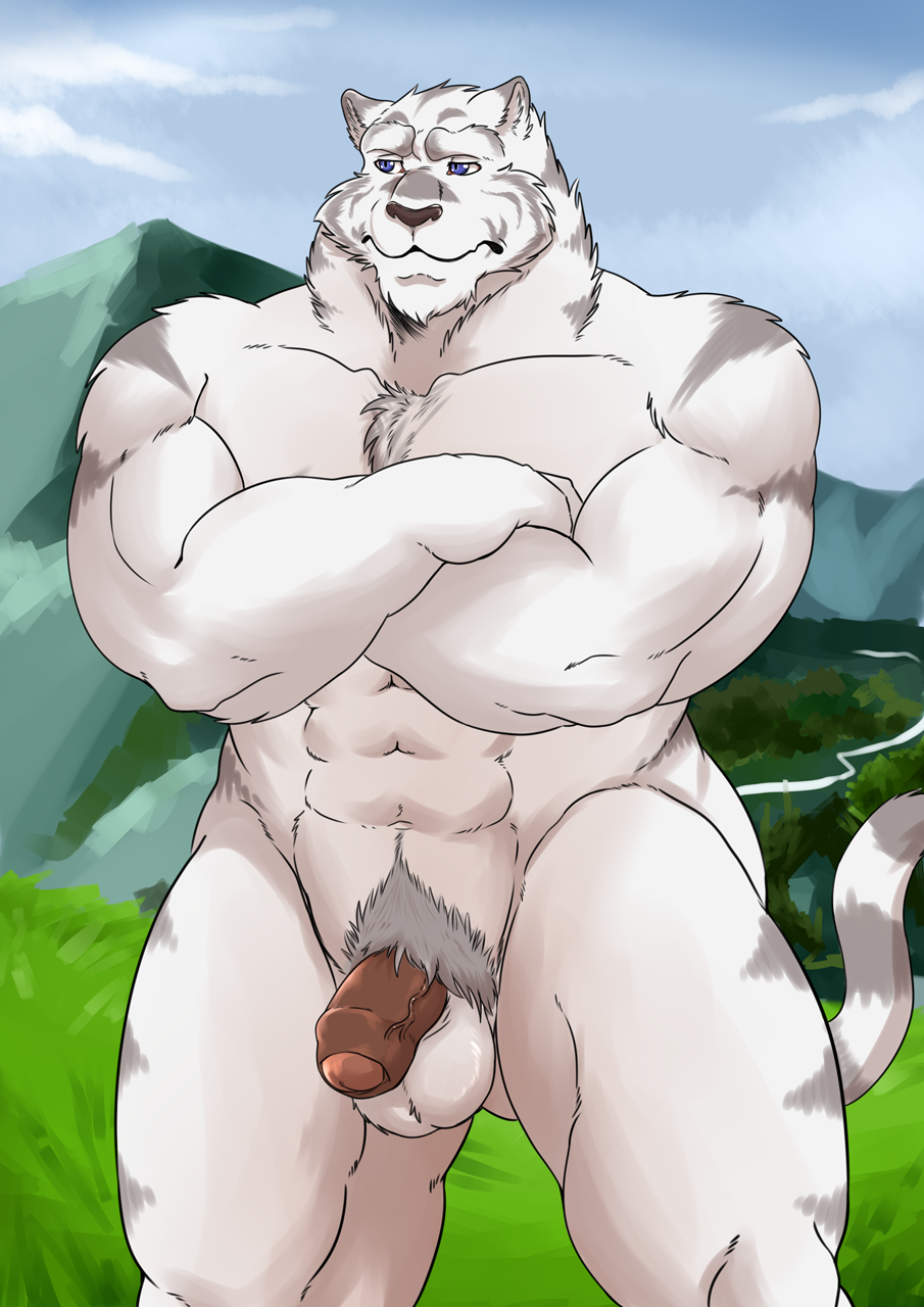 2017 abs anthro balls biceps big_muscles biped blue_eyes digital_media_(artwork) feline fur grimoire_of_zero hair hi_res kemono male mammal mercenary mercenary_(character) multicolored_fur muscular muscular_male nipples nude penis shade_the_wolf simple_background solo striped_fur stripes tiger white_fur white_tiger