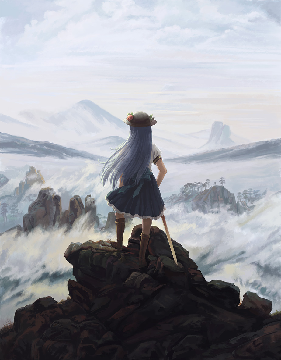 above_clouds amibazh blue_hair boots cloud cloudy_sky commentary_request day dress fine_art_parody food from_behind fruit full_body hair_blowing hat hinanawi_tenshi knee_boots layered_dress leaf long_hair mountain parody peach short_sleeves sky solo standing sword_of_hisou touhou very_long_hair wanderer_above_the_sea_of_fog wind