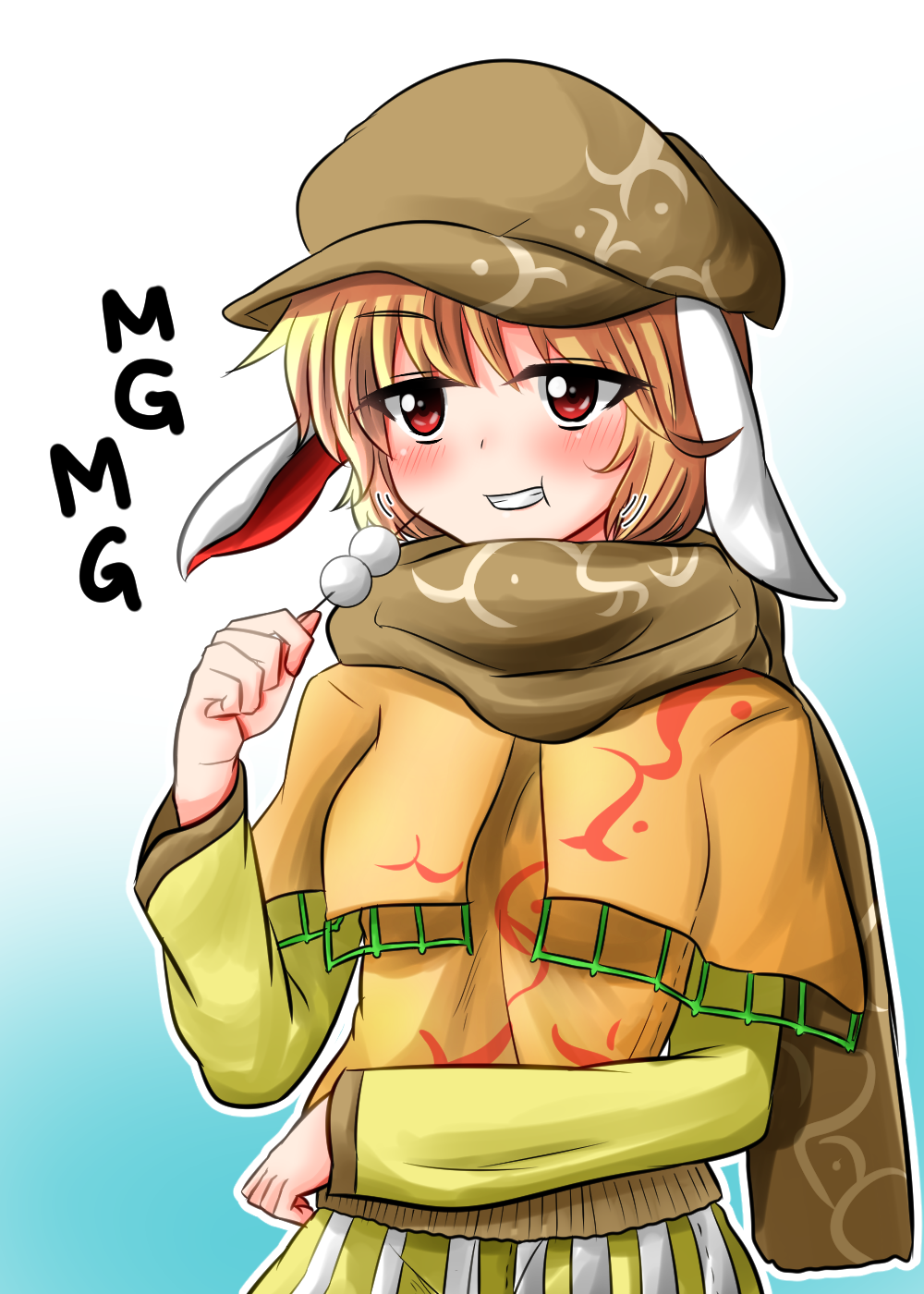 animal_ears blonde_hair blush brown_scarf bunny_ears capelet commentary_request dango eating flat_cap floppy_ears food grin hat highres long_sleeves mg_mg orange_shirt oshiaki red_eyes ringo_(touhou) scarf shirt short_hair smile solo sweater touhou upper_body wagashi