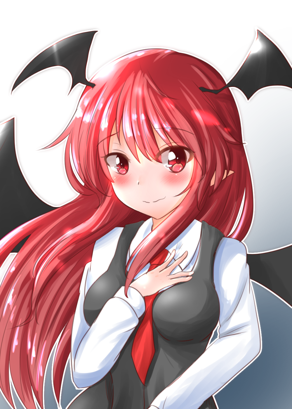 bangs bat_wings black_dress blush breasts closed_mouth collared_shirt commentary_request dress head_wings highres koakuma long_hair long_sleeves looking_at_viewer medium_breasts necktie oshiaki pointy_ears red_eyes red_hair red_neckwear shirt smile solo touhou upper_body white_shirt wings