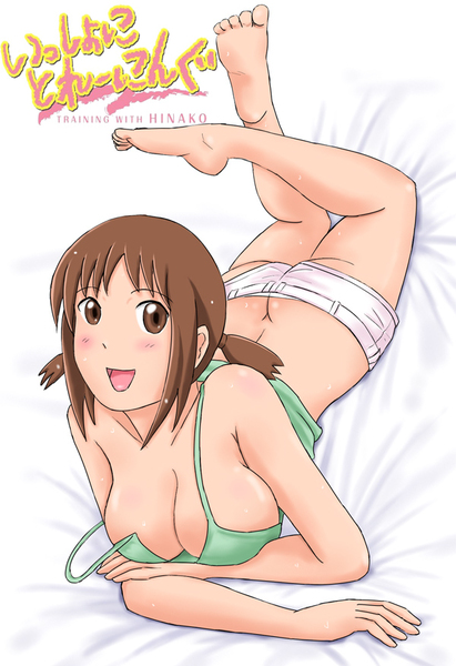 1girl ass barefoot blush breasts brown_eyes brown_hair butt_crack cleavage downblouse feet feet_up hinako_(issho_ni_training) issho_ni_training large_breasts lying no_bra off_shoulder on_stomach open_mouth short_hair short_shorts short_twintails shorts solo strap_slip sweat tank_top twintails