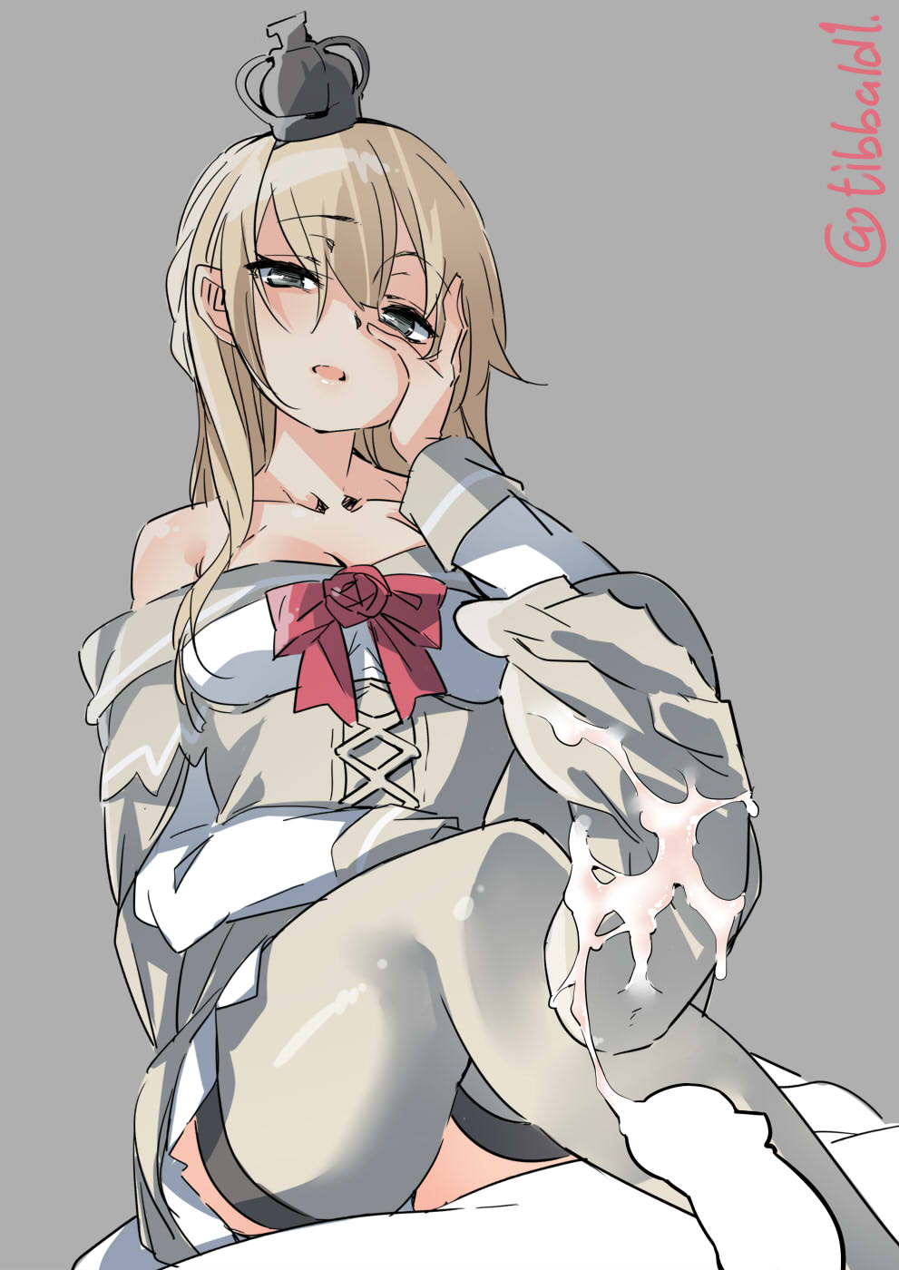 1girl bare_shoulders black_eyes blonde_hair bow braid breasts cleavage corset crown cum cum_on_body cum_on_lower_body cum_string dress ebifurya femdom flower footjob french_braid grey_background grey_legwear hair_between_eyes hairband hand_on_own_face hand_up hetero highres kantai_collection long_hair long_sleeves looking_at_viewer medium_breasts mini_crown no_shoes off-shoulder_dress off_shoulder open_mouth penis red_bow red_flower red_ribbon red_rose ribbon rose simple_background sitting soles thighhighs twitter_username warspite_(kantai_collection) white_dress zettai_ryouiki
