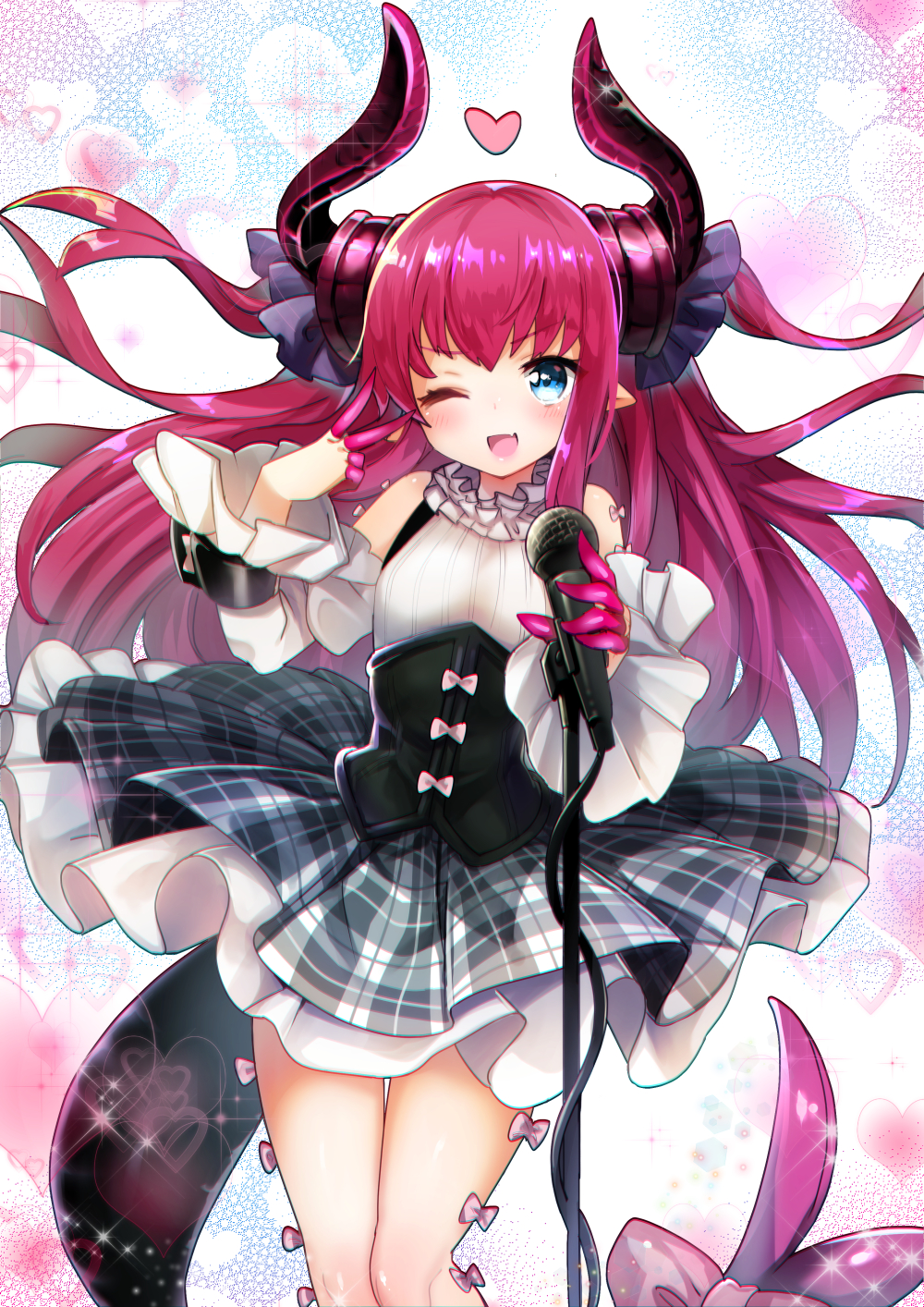 ;d blue_eyes blush bow check_commentary commentary commentary_request detached_sleeves dragon_horns dragon_tail elizabeth_bathory_(fate) elizabeth_bathory_(fate)_(all) eyebrows_visible_through_hair fang fate/extra fate/extra_ccc fate/grand_order fate_(series) heart highres horns layered_skirt long_hair meisuke_mei microphone microphone_stand one_eye_closed open_mouth pink_hair plaid plaid_skirt pointy_ears skirt smile solo tail tail_bow two_side_up v v_over_eye