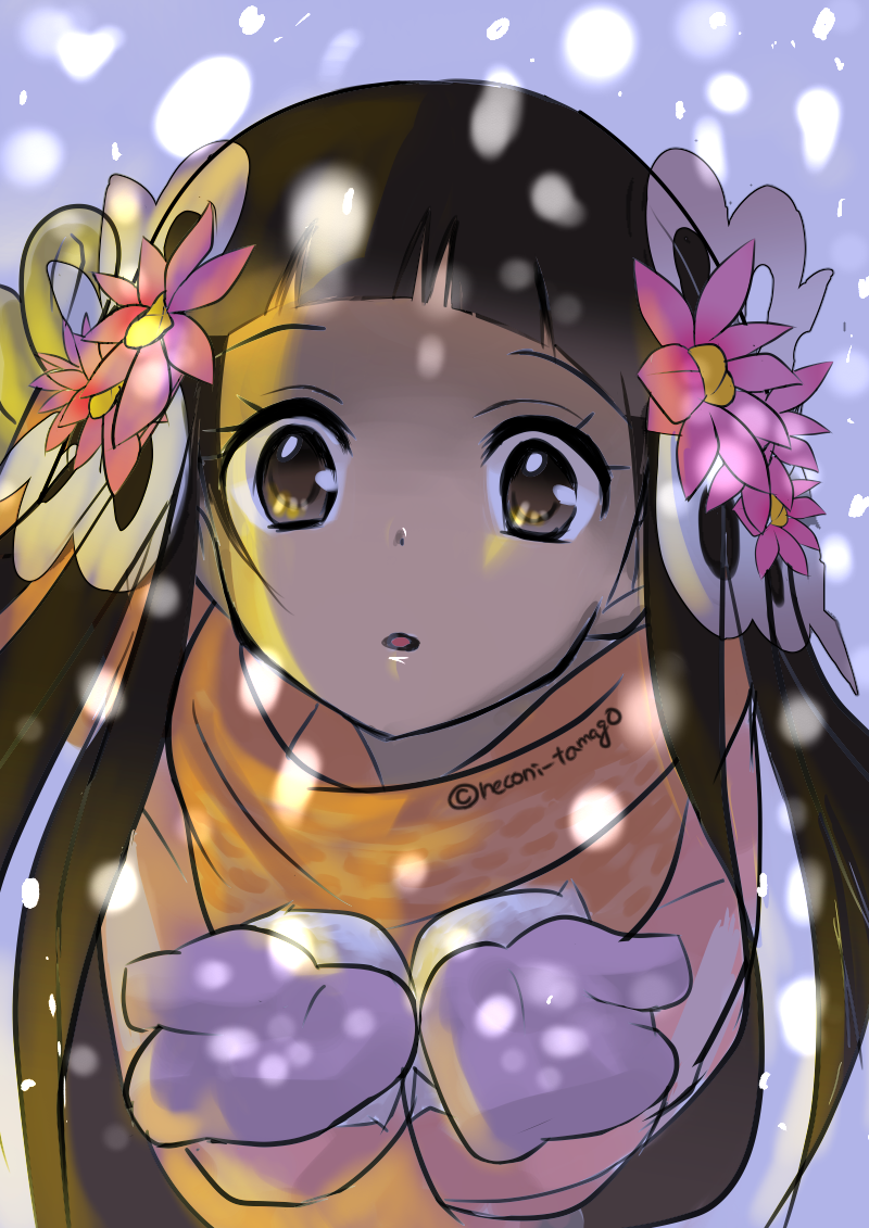 alternate_costume artist_name brown_eyes brown_hair dark_skin fate/prototype fate/prototype:_fragments_of_blue_and_silver fate_(series) flower gloves hair_flower hair_ornament long_hair nefertari_(fate/prototype_fragments) nekonii open_mouth scarf snowing solo upper_body