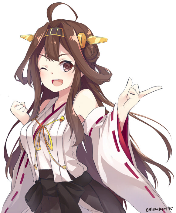 ;d ahoge black_hakama brown_eyes brown_hair chiiririn commentary detached_sleeves floating_hair hairband hakama index_finger_raised japanese_clothes kantai_collection kimono kongou_(kantai_collection) long_hair one_eye_closed open_mouth ribbon-trimmed_sleeves ribbon_trim simple_background sleeveless sleeveless_kimono smile solo white_background