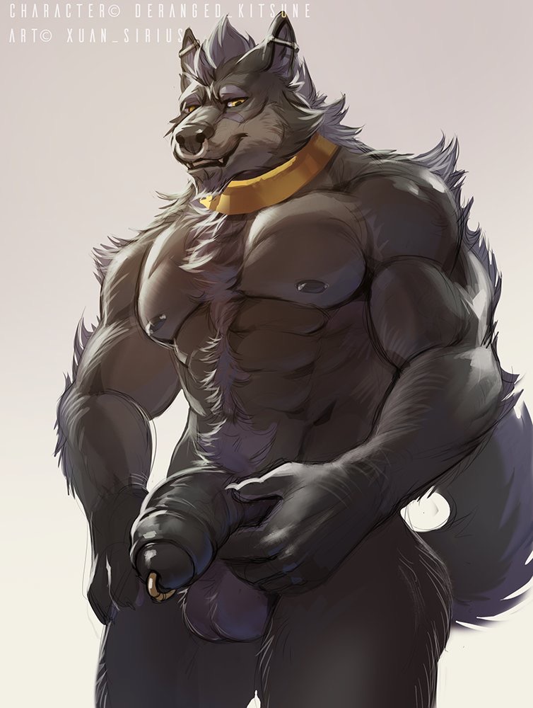 abs anthro balls beard biceps big_biceps big_muscles big_pecs body_hair canine chest_hair chest_tuft collar dog ear_piercing erection facial_hair facial_piercing fluffy fluffy_tail front_view fur genital_piercing grey_balls grey_fur grey_hair grey_nose grey_penis grey_skin grey_tail hair hand_on_leg hand_on_penis hand_on_thigh happy_trail huge_muscles humanoid_hands humanoid_penis looking_down male mammal muscular muscular_male nose_piercing nude partially_retracted_foreskin pecs penis penis_piercing piercing pose prince_albert_piercing pubes raised_tail simple_background solo standing teeth thick_thighs tuft uncut wolf xuan_sirius yellow_eyes
