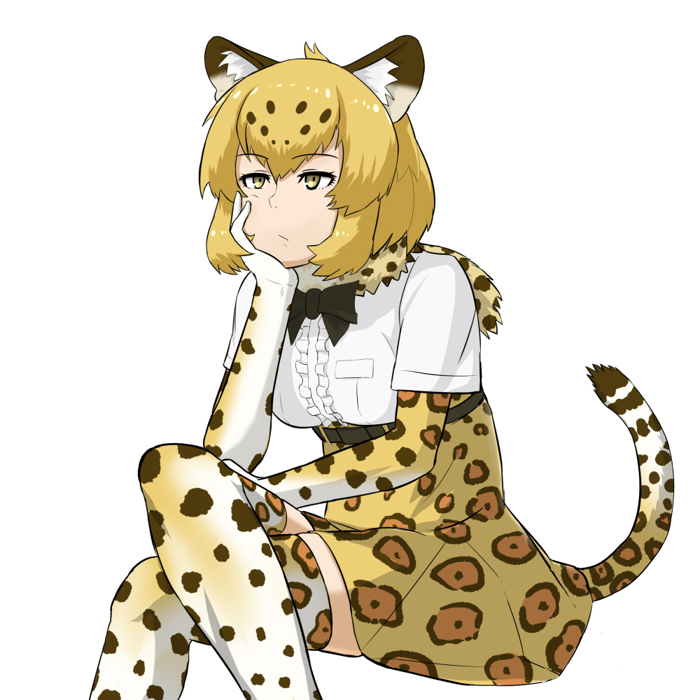 :/ animal_ears belt black_bow blonde_hair bored bow breasts brown_hair center_frills chin_rest closed_mouth crossed_legs elbow_gloves eyebrows_visible_through_hair fur_collar gloves high-waist_skirt ichinose_rokujou jaguar_(kemono_friends) jaguar_ears jaguar_print jaguar_tail kemono_friends medium_breasts multicolored multicolored_clothes multicolored_hair multicolored_legwear shirt short_sleeves simple_background skirt solo tail thighhighs two-tone_hair white_background white_shirt yellow_eyes