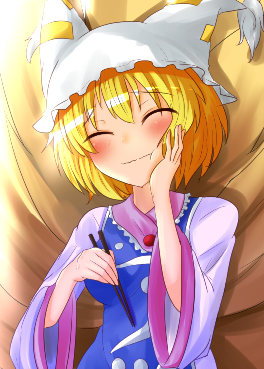 :t ^_^ bangs blonde_hair blush breasts chopsticks closed_eyes commentary_request dress eating foodgasm fox_tail hand_on_own_cheek hat highres holding holding_chopsticks kyuubi long_sleeves medium_breasts multiple_tails oshiaki pillow_hat short_hair smile solo tabard tail tassel touhou upper_body white_dress wide_sleeves yakumo_ran