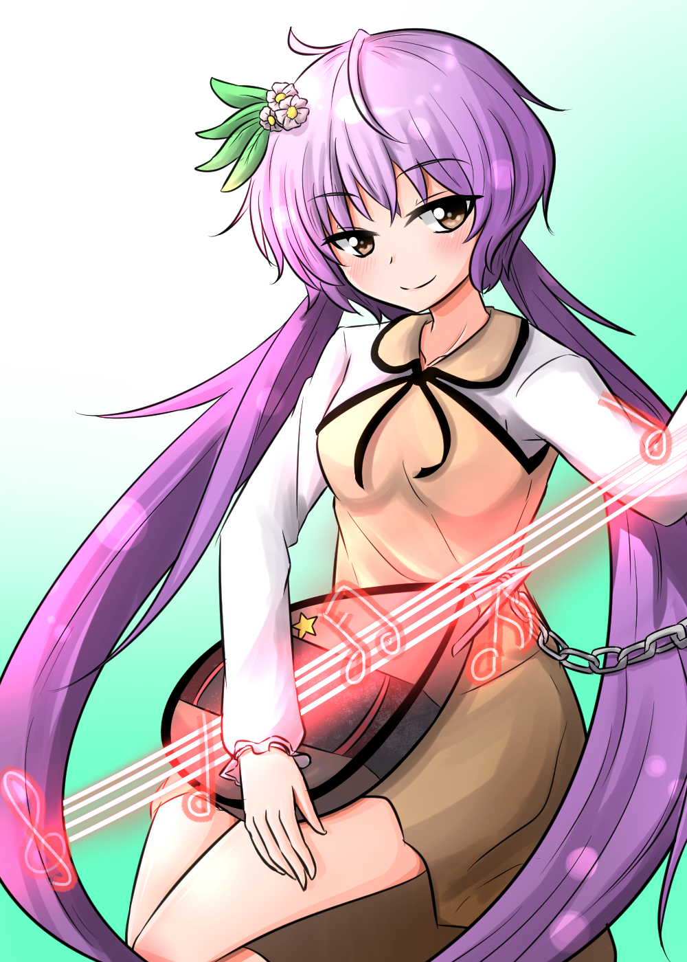 biwa_lute blush brown_dress brown_eyes chain commentary_request cowboy_shot dress eighth_note flower hair_flower hair_ornament half_note highres instrument long_hair long_sleeves looking_at_viewer low_twintails lute_(instrument) musical_note oshiaki purple_hair short_dress smile solo touhou treble_clef tsukumo_benben twintails very_long_hair