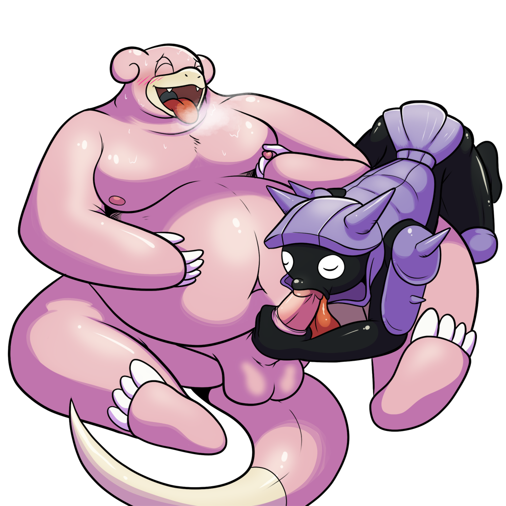 ambiguous_gender anthro balls blush duo erection eyes_closed fellatio male male/ambiguous nintendo nipple_pinch nude open_mouth oral overweight pinch pok&eacute;mon sex shellder simple_background slightly_chubby slowpoke smutty-smeargle tongue tongue_out video_games