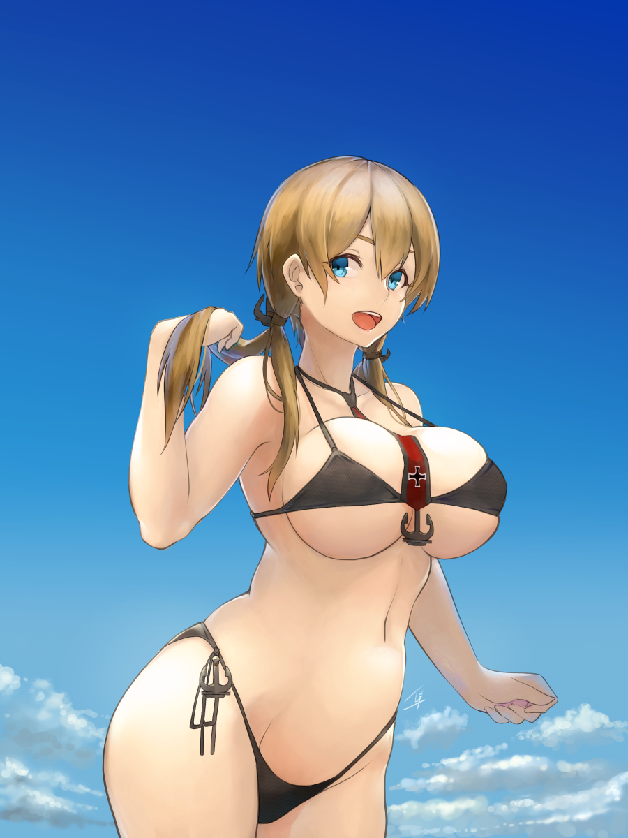 :d bikini black_bikini blonde_hair blue_eyes blue_sky breasts cleavage cloud day hayabusa highres kantai_collection large_breasts long_hair navel necktie open_mouth outdoors prinz_eugen_(kantai_collection) sky smile solo swimsuit teeth twintails