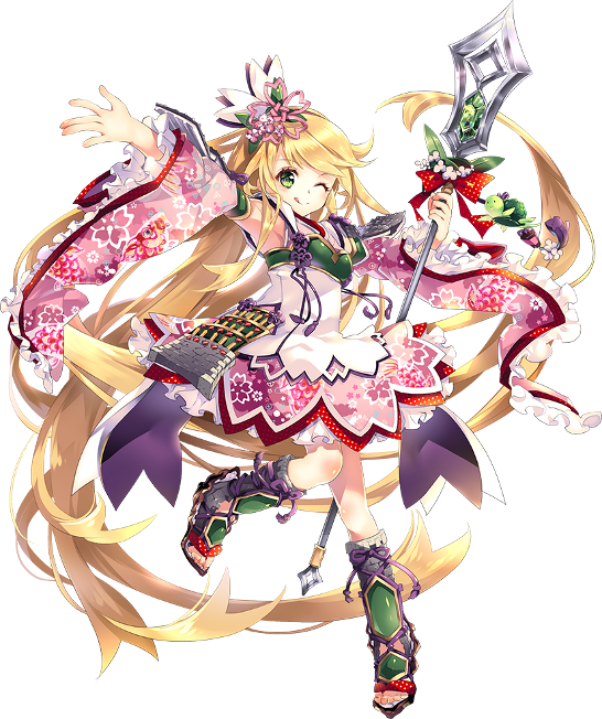 ;p animal_print blonde_hair blush detached_sleeves dress fish_print floral_print flower frilled_dress frills full_body green_eyes hair_flower hair_ornament holding holding_spear holding_weapon kamei_(oshiro_project) matoki_misa official_art one_eye_closed oshiro_project oshiro_project_re polearm solo spear tongue tongue_out transparent_background weapon