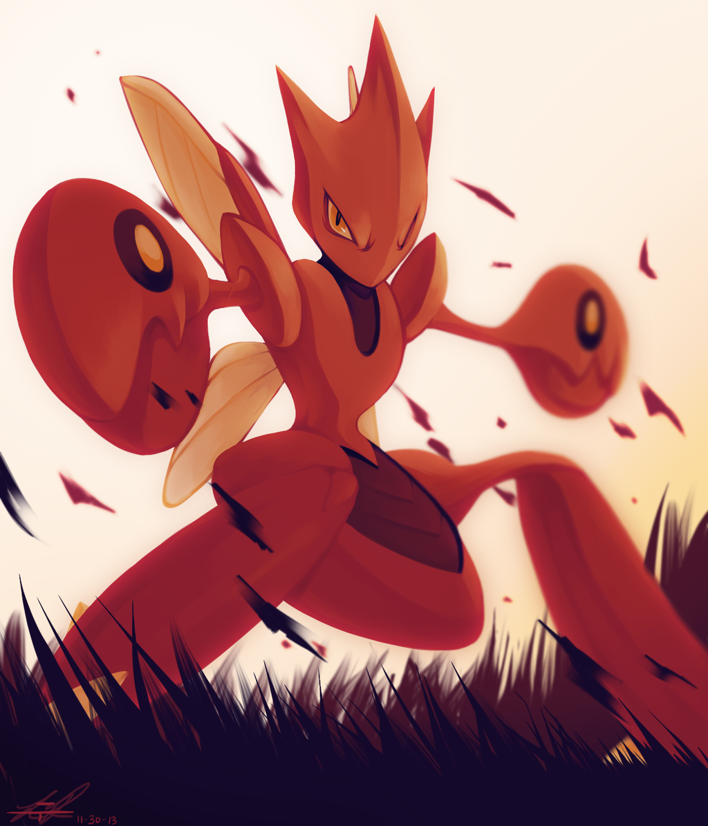 dated full_body gen_2_pokemon grass legs_apart looking_at_viewer no_humans orange_eyes outdoors outstretched_arms pink_background pokemon pokemon_(creature) red_skin rock-bomber scizor signature simple_background solo standing wings