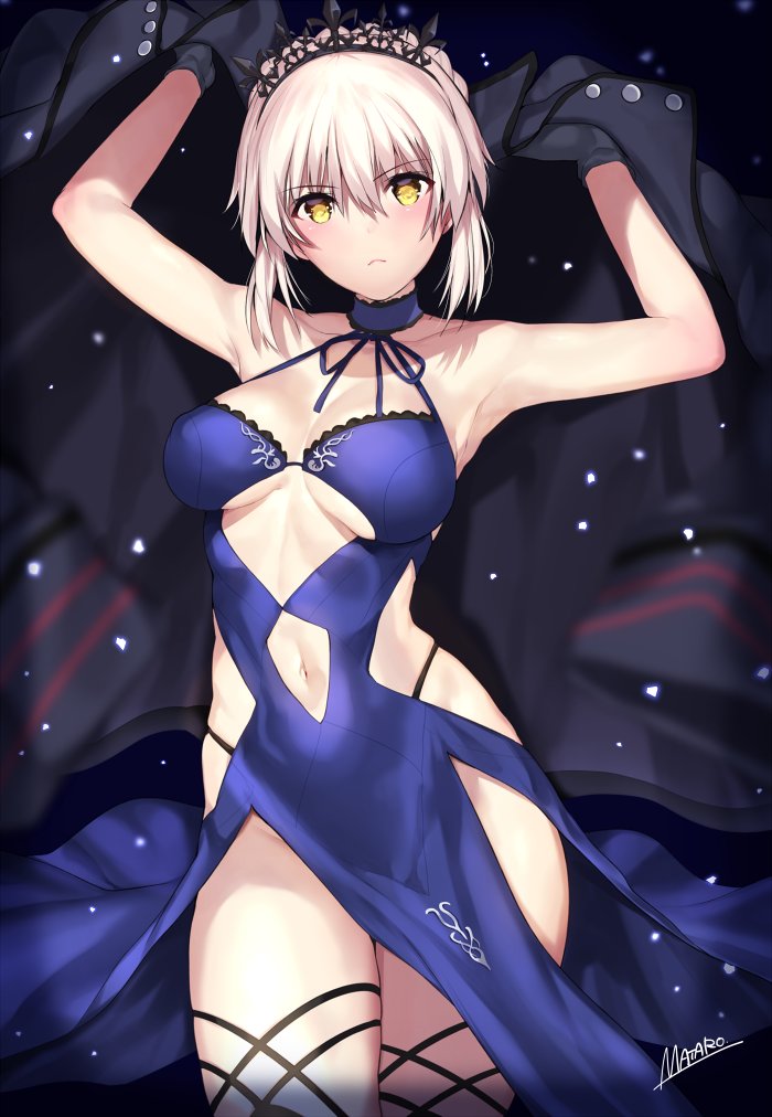 ahoge armpits arms_up artoria_pendragon_(all) artoria_pendragon_(swimsuit_rider_alter) black_gloves blonde_hair blue_dress breasts choker commentary_request dress fate/grand_order fate_(series) gloves looking_at_viewer matarou_(genkai_toppa) medium_breasts navel navel_cutout solo tiara yellow_eyes