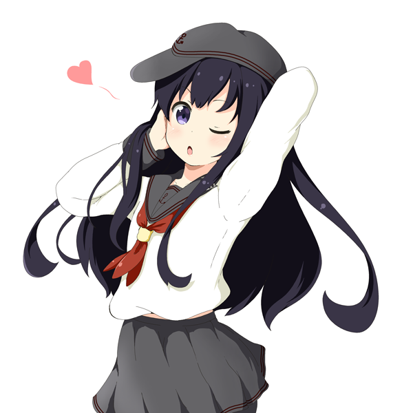 ;o akatsuki_(kantai_collection) anchor_symbol badge black_hair blush commentary_request cowboy_shot flat_cap hand_behind_head hat heart kantai_collection long_hair looking_at_viewer miicha neckerchief one_eye_closed open_mouth pleated_skirt red_neckwear remodel_(kantai_collection) school_uniform serafuku simple_background skirt solo white_background