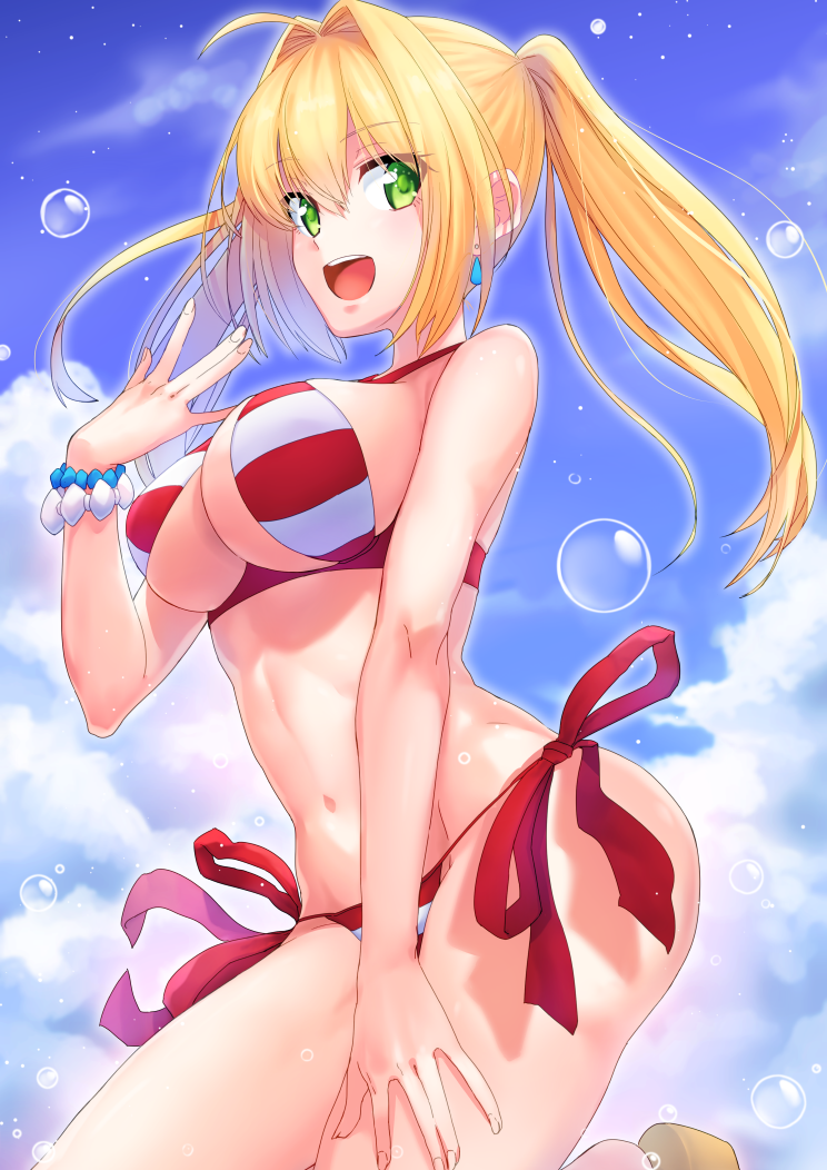 :d ahoge bangs bare_arms bare_shoulders bikini blonde_hair blue_sky bracelet breasts cleavage cloud cloudy_sky collarbone commentary_request cowboy_shot criss-cross_halter day earrings eyebrows_visible_through_hair eyelashes fate/extra fate/grand_order fate_(series) fingernails green_eyes groin hair_between_eyes hair_intakes halter_top halterneck hand_on_lap hand_up jewelry large_breasts leg_up long_fingernails long_hair looking_at_viewer medium_breasts navel nero_claudius_(fate)_(all) nero_claudius_(swimsuit_caster)_(fate) open_mouth outdoors sandals shashimo side-tie_bikini sidelocks sky smile solo standing standing_on_one_leg stomach striped striped_bikini swimsuit teeth twintails underboob upper_teeth water_drop