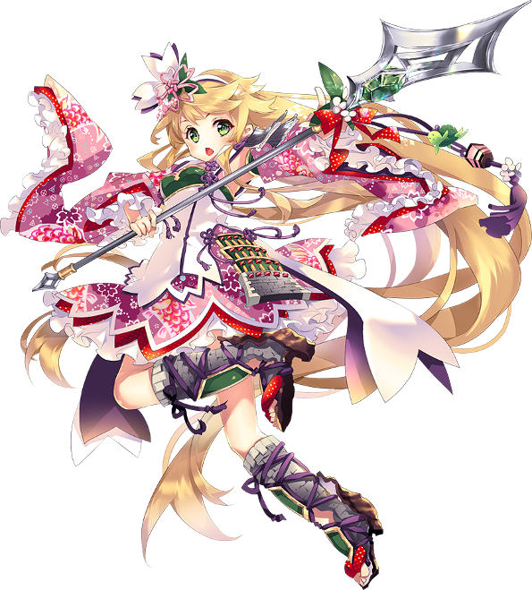 animal_print blonde_hair blush detached_sleeves dress fish_print floral_print flower frilled_dress frills full_body green_eyes hair_flower hair_ornament high_heels holding holding_spear holding_weapon kamei_(oshiro_project) matoki_misa official_art one_eye_closed open_mouth oshiro_project oshiro_project_re polearm solo spear transparent_background weapon