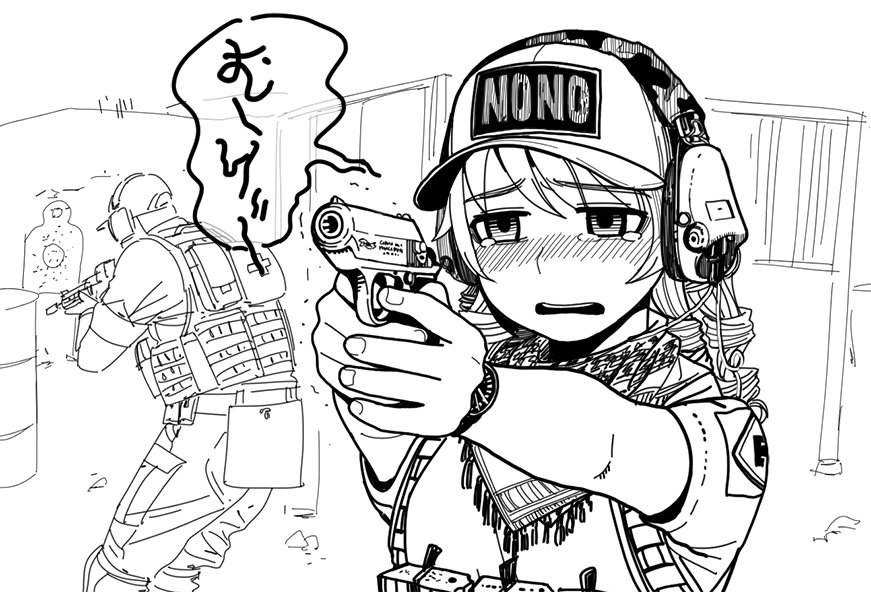 1girl aiming ammunition_pouch bad_id bad_pixiv_id bandana barrel baseball_cap blush bulletproof_vest catchphrase character_name clothes_writing commentary_request drill_hair ear_protection eyebrows_visible_through_hair finger_on_trigger fingernails greyscale gun handgun hat holding holding_gun holding_weapon idolmaster idolmaster_cinderella_girls military military_uniform monochrome morikubo_nono motion_lines name_tag nose_blush open_mouth outstretched_arms pistol pouch rifle shemagh shooting_range short_sleeves sketch solo_focus speech_bubble standing target_practice tassel teardrop tearing_up tears thomas_hewitt trembling uniform upper_body walther walther_ppk watch weapon wristwatch
