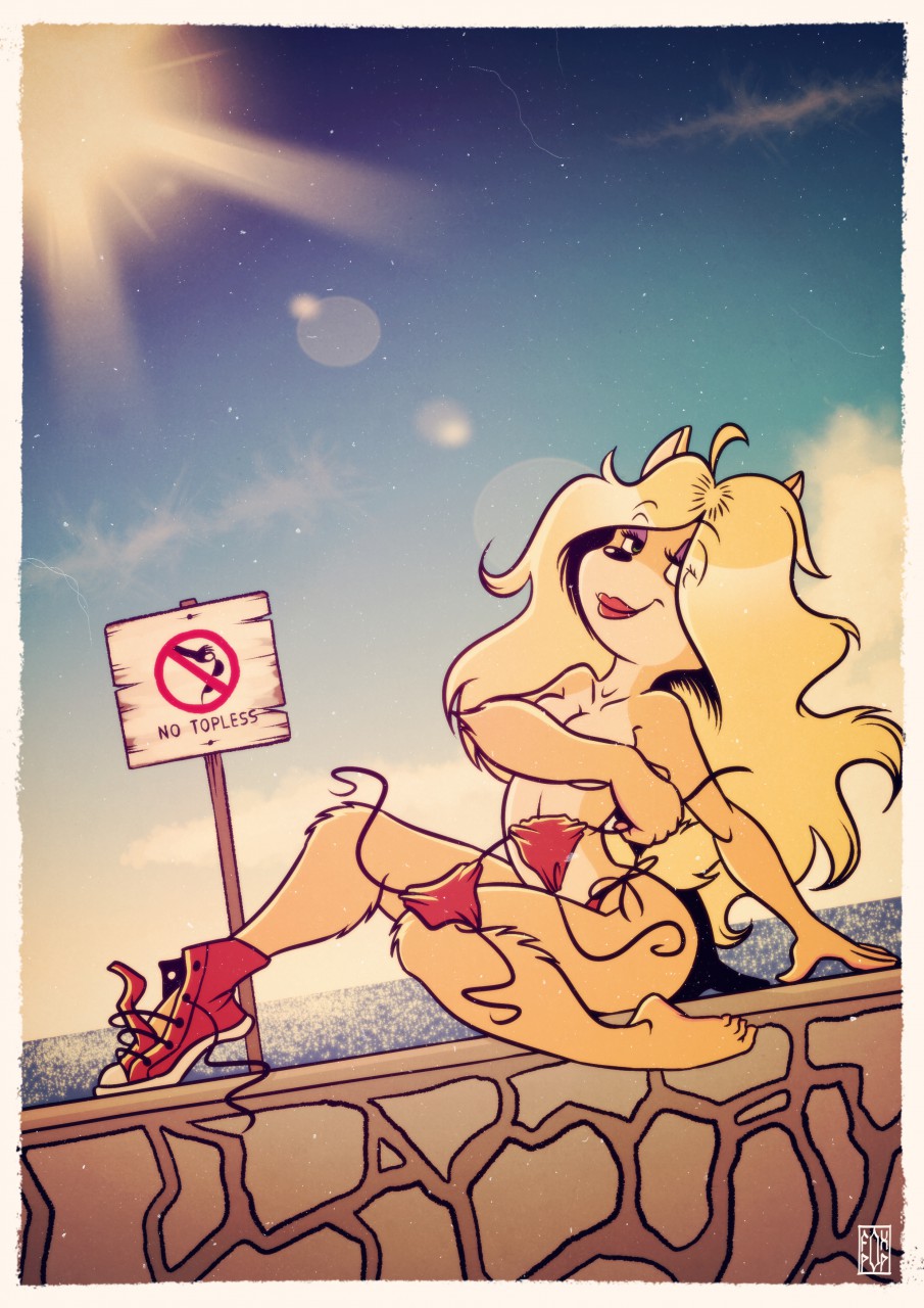 4_toes 5_fingers ahoge anthro arm_support bandicoot beach black_nose blonde_hair blue_sky border breasts clothed clothing cloud collarbone countershade_face countershade_torso countershading covering covering_breasts crash_bandicoot_(series) day detailed_background digital_media_(artwork) elbow_tufts english_text eyebrows_visible_through_hair eyelashes eyes_visible_through_hair feet female fox-pop full-length_portrait fur green_eyes hair half-closed_eyes head_tilt humanoid_feet humanoid_hands knee_tuft leg_tuft lens_flare lips lipstick long_hair looking_at_viewer makeup mammal marsupial medium_breasts midriff mouth_closed multicolored_fur navel orange_fur outside portrait poster raised_eyebrows red_bikini red_clothing red_lipstick red_shoes red_swimsuit sea seaside short_ears side_view sign single_shoe sitting sky small_ears smile sneakers solo sun tan_countershading tan_fur tawna_bandicoot text toes topless tuft two_tone_fur video_games water white_border