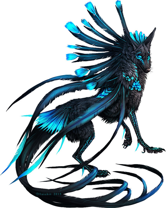 2015 alpha_channel ambiguous_gender black_fur blue_eyes blue_feathers canine feathers feral fur hybrid mammal simple_background solo standing tatchit transparent_background